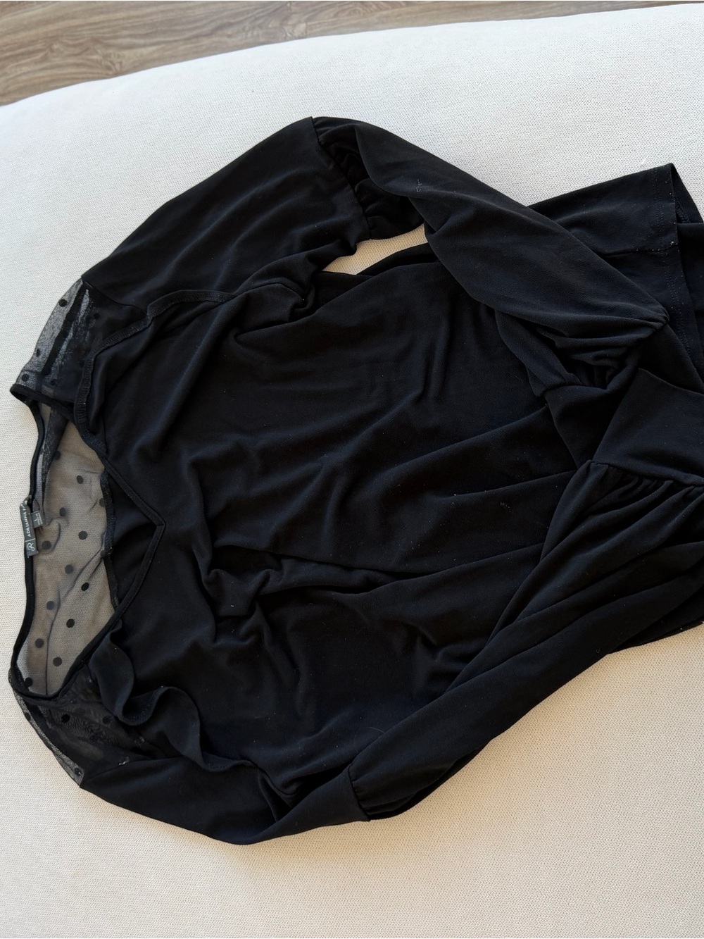 MARINA Black Sheer Dot Accent Long Sleeve Chemise Top
